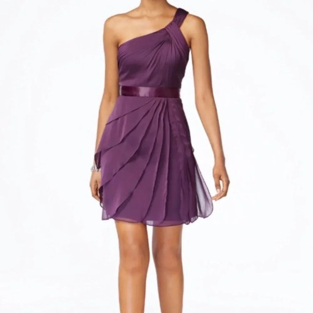 Adrianna Papell NEW Plum Draped One Shoulder Flutter Mini Dress Size 16